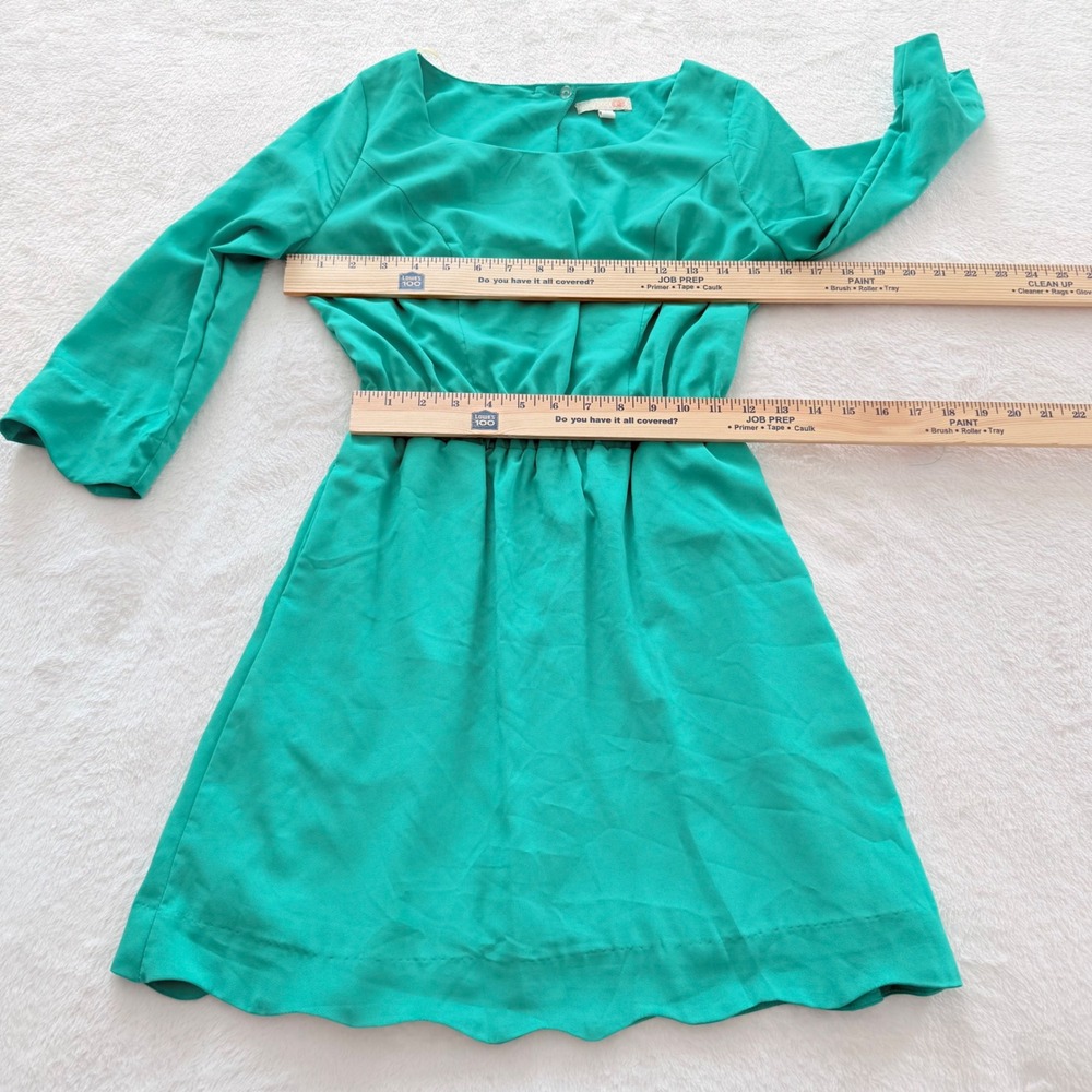 GB Green Fit Flare Dress Long Sleeve Pleated Waist Open Back Size Small - Picture 3 of 9